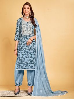 Gahan - Blue Women's Pure Cotton Embroidered Kurta with Bottom and Dupatta (Set of 3)