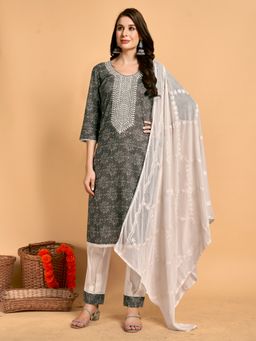 Gahan - Grey Women's Pure Cotton Embroidered Kurta with Bottom and Dupatta (Set of 3)