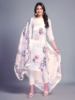 Gahan - White Women's Linen Printed Kurta with Bottom and Dupatta (Set of 3)
