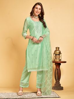 Gahan - Green Women's Chanderi Cotton Embroidered Kurta with Bottom and Dupatta (Set of 3)