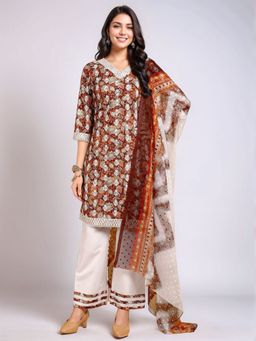 Gahan - Brown Women's Cotton Blend Embroidered Kurta with Bottom and Dupatta (Set of 3)