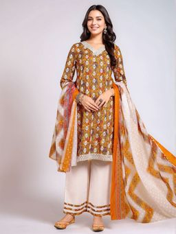 Gahan - Mustard Women's Cotton Blend Embroidered Kurta with Bottom and Dupatta (Set of 3)