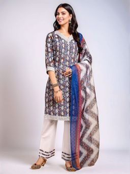 Gahan - Blue Women's Cotton Blend Embroidered Kurta with Bottom and Dupatta (Set of 3)