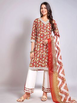 Gahan - Red Women's Cotton Blend Embroidered Kurta with Bottom and Dupatta (Set of 3)