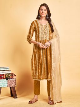 Gahan - Brown Women's Pure Cotton Embroidered Kurta with Bottom and Dupatta (Set of 3)