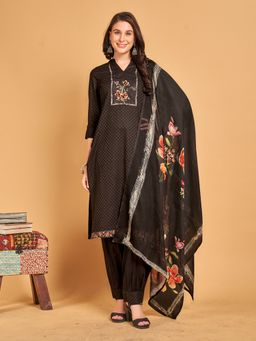 Gahan - Black Women's Pure Cotton Embroidered Kurta with Bottom and Dupatta (Set of 3)