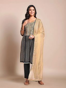 Gahan - Black Women's Pure Cotton Embroidered Kurta with Bottom and Dupatta (Set of 3)