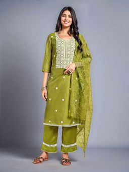 Gahan - Green Women's Chanderi Cotton Embroidered Kurta with Bottom and Dupatta (Set of 3)