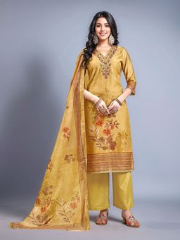 Gahan - Mustard Women's Chanderi Cotton Embroidered Kurta with Bottom and Dupatta (Set of 3)