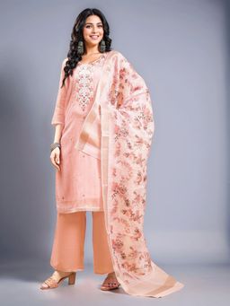 Gahan - Pink Women's Chanderi Cotton Embroidered Kurta with Bottom and Dupatta (Set of 3)