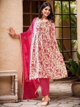Gahan - Pink Women's Cotton Blend Printed Kurta with Bottom and Dupatta (Set of 3)