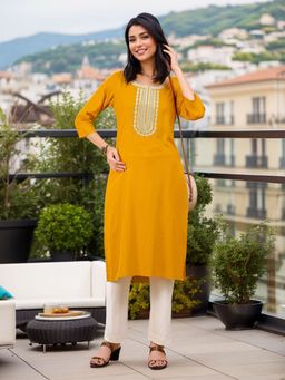 Gahan - Yellow Women's Viscose Rayon Embroidered Straight Kurta