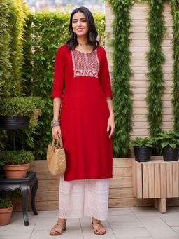 Gahan - Red Women's Viscose Rayon Embroidered Straight Kurta
