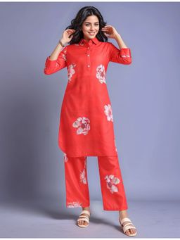 Gahan - Red Women's Floral Printed Cotton Blend Kurta with Trousers (Set of 2)