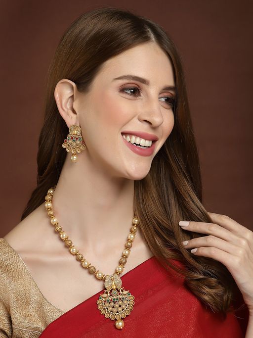 PANASH Gold Plated Stone Studded Peacock Shaped Handcrafted Jewellery (Set of 2)