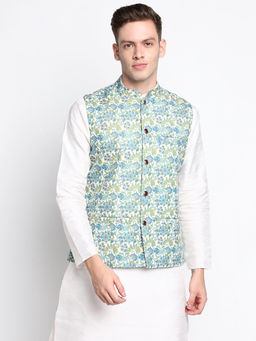 Devoiler - Men Blue Printed Pure Cotton Nehru Jacket