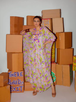 Nirmooha - Printed Lurex Kaftan with Hand Embroidered Yoke & Slip (Set of 2)