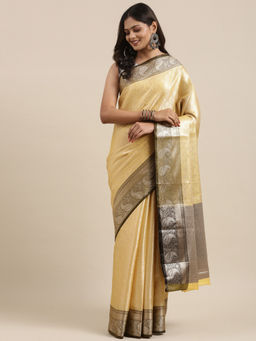 Banarasi Silk Works - Yellow Kanchi Silk Zari Jamawar Border Saree with Unstitched Blouse