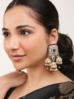 Khushi Jewels - Polki Kundan and Zircon Diamonds Square Earrings with Jhumkis