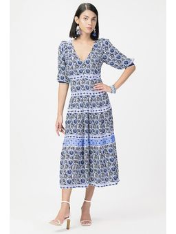 HOUSE OF S - Blue Floral Printed Puff Sleeves Layered Dress