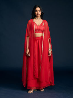 Gajra Gang - Red Brocade Blouse Skirt & Cape Set Diwalicious (Set of 3)