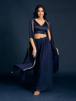 Gajra Gang - Navy Brocade Blouse Skirt & Cape Set Diwalicious (Set of 3)