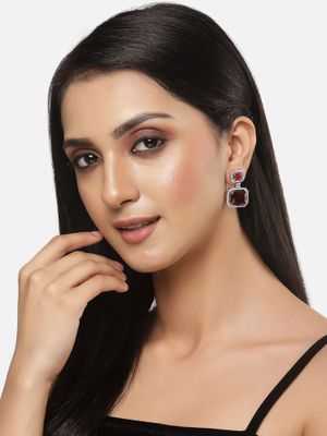 ZENEME Rhodium-Plated Red American Diamond Studded Square Shaped Drop Earrings for Women
