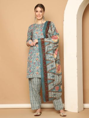 Rajnandini Women's Cotton Blend Foil Print Kurta Set With Dupatta (Maroon & Beige)