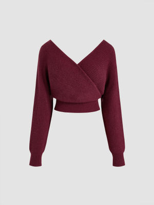 Cider Knit V-neck Solid Wrap Crop Long Sleeve Top