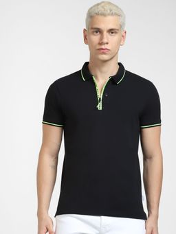 Jack & Jones - Black Logo Print Polo Neck T-shirt