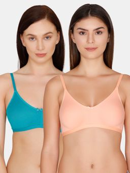 Zivame - Rosaline Non Padded Non Wired 3-4th Coverage T-Shirt Bra - Peach Pearl Peacock Blue (Pack of 2)