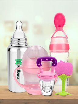 Kidbea - Stainless Steel Infant Feeding Bottle with Pink Sipper, Nibbler, Spoon Feeder & Teether