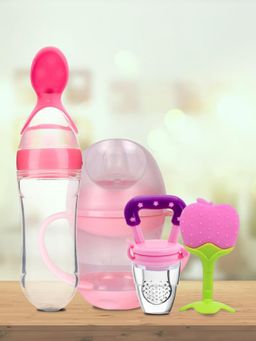 Kidbea - Infant Pink Feeding Bottle with Spoon Feeder, Sipper & Nibbler, Teether For Baby