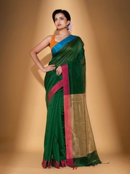 Beatitude - Green Blended Cotton Woven Saree with Unstitched Blouse