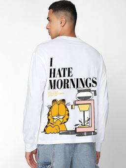 Bewakoof - Official Garfield Men's White Garfield Hates Mornings Graphic Printed Oversized T-shirt