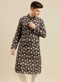 Sanwara - Men Printed Black Cotton Straight Kurta