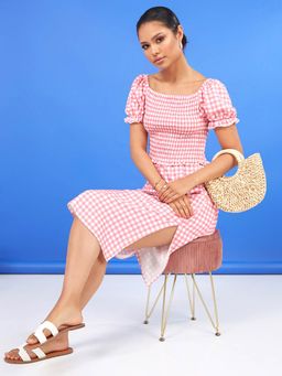 Styli - Pink Square Neck Gingham Top And Midi Skirt Co-ord Set (Set of 2)