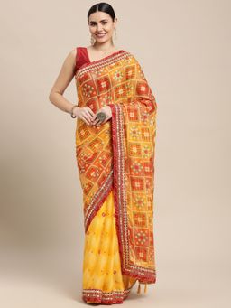 Vastranand - Designer Printed Bandhani Saree Yellow with Unstitched Blouse