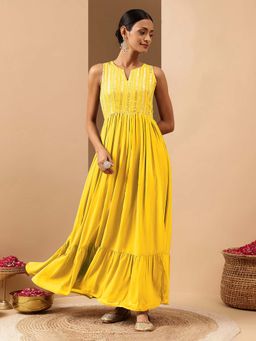 Janasya - Womens Yellow Georgette Sequined Gathered Flared Gown