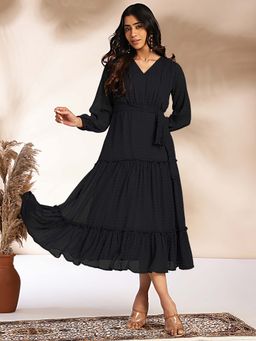 Janasya - Womens Black Dobby Chiffon Woven Design Tiered Dress With Belt