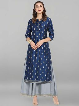 Janasya - Womens Navy Blue Silk Blend Gold Printed Layered Ethnic Dress With Kurta