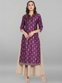 Janasya - Womens Purple Silk Blend Gold Printed Layered Ethnic Dress With Kurta