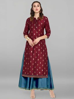 Janasya - Womens Maroon Silk Blend Gold Printed Layered Ethnic Dress With Kurta