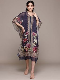 Aarke Ritu Kumar - Navy Lyala V Neck Kaftan Dress With Camisole