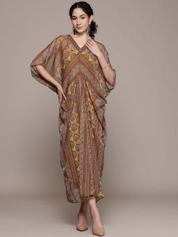 Aarke Ritu Kumar - Mustard Trail Blossom Flared Sleeve Kaftan Dress With Camisole