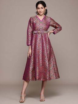 Aarke Ritu Kumar - Purple Anisa Festive Brocade Midi Dress With Belt