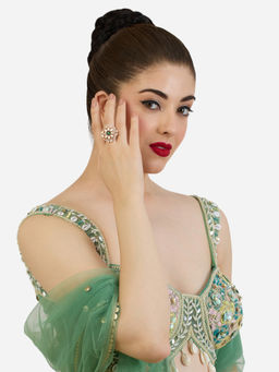 Zaveri Pearls - Green Dazzling Cubic Zirconia Contemporary Brass Ring