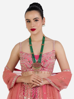 Zaveri Pearls - Pink Stones Lotus Green Crystals Necklace & Earring Set