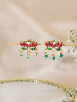 Zaveri Pearls - Pink Green Stones Beads Lotus Design Traditional Drop Earring
