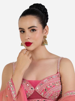 Zaveri Pearls - Green Pink Stones Beads Embellish Traditional Jhumka Earring